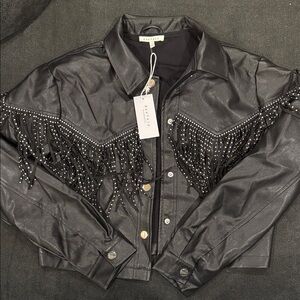 Black Leather Fringe Jacket with Studs